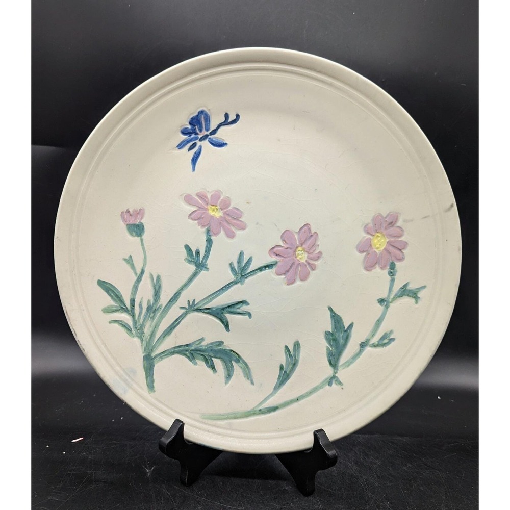 Vintage Studio Art Pottery 11.25" Flower Floral Plate Butterfly Signed